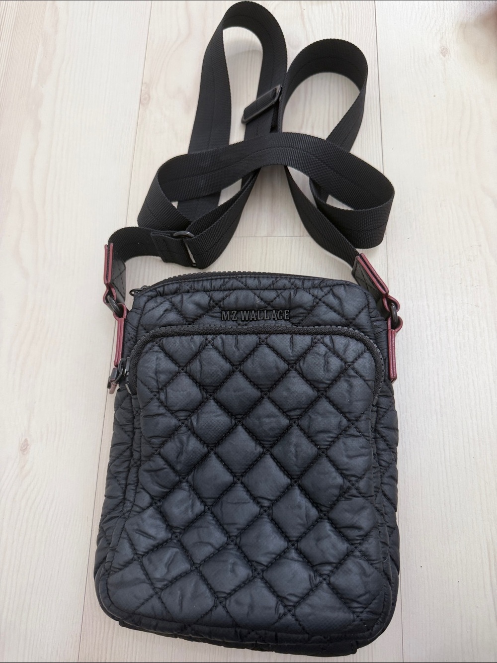 MZ Wallace Black Quilted Messenger Crossbody with Red Hardware